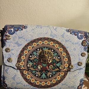 Miu Miu Blue and Gold Patterned Crossbody Bag